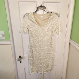 Lace Overlay V-Neck Dress in Cream